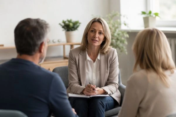 Couple discussing financial arrangement , pensions in divorce Eastbourne